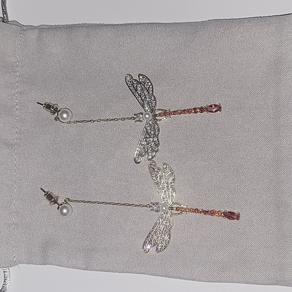 Anthropologie gold rinestone embellished dragonfly dangle ea…